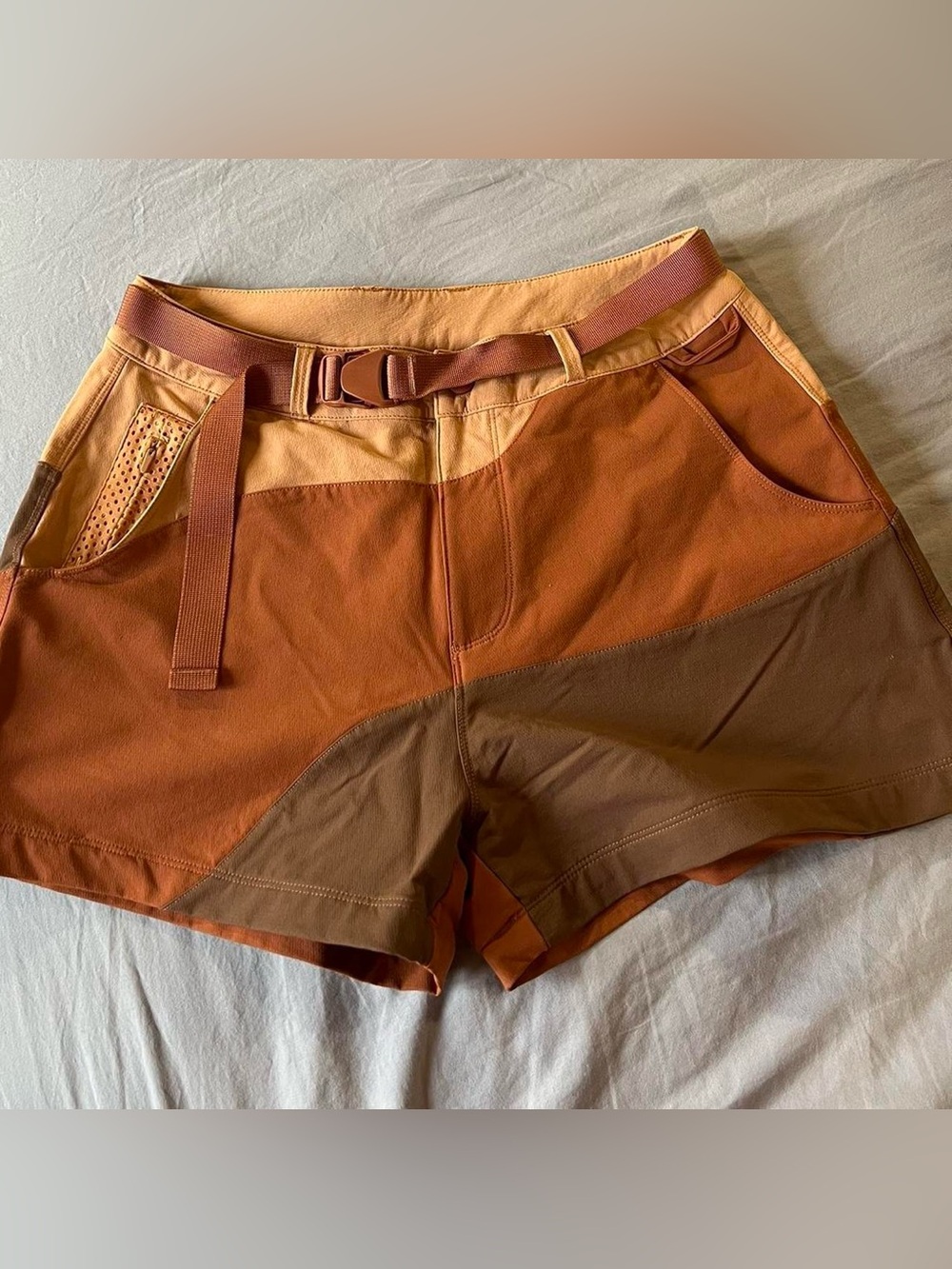 Outdoor Voices Women's Colorblock Belted Athletic Shorts Brown/Tan Mesh Pocket S